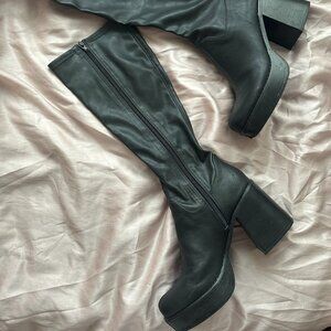 Black Platform Knee-High Boots | Chunky Heel | Size 10